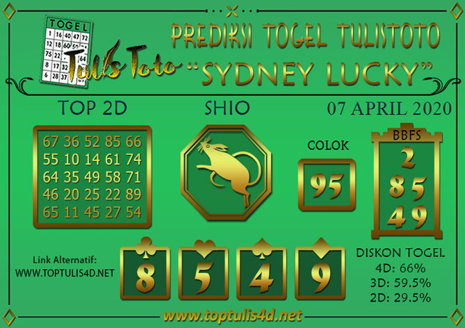 Prediksi Togel SYDNEY LUCKY TODAY TULISTOTO 07 APRIL 2020