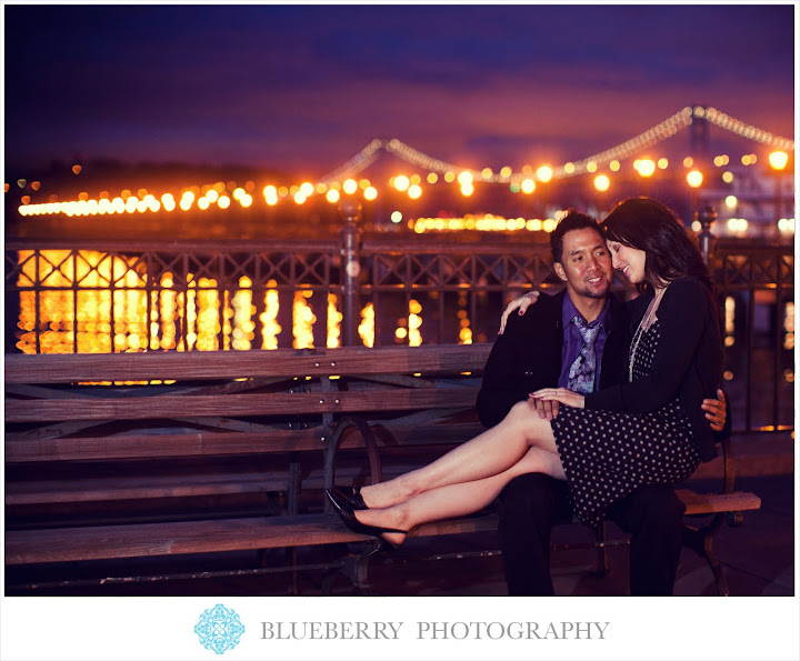 San francisco bay bridge night city scene light reflection pier engagement photography