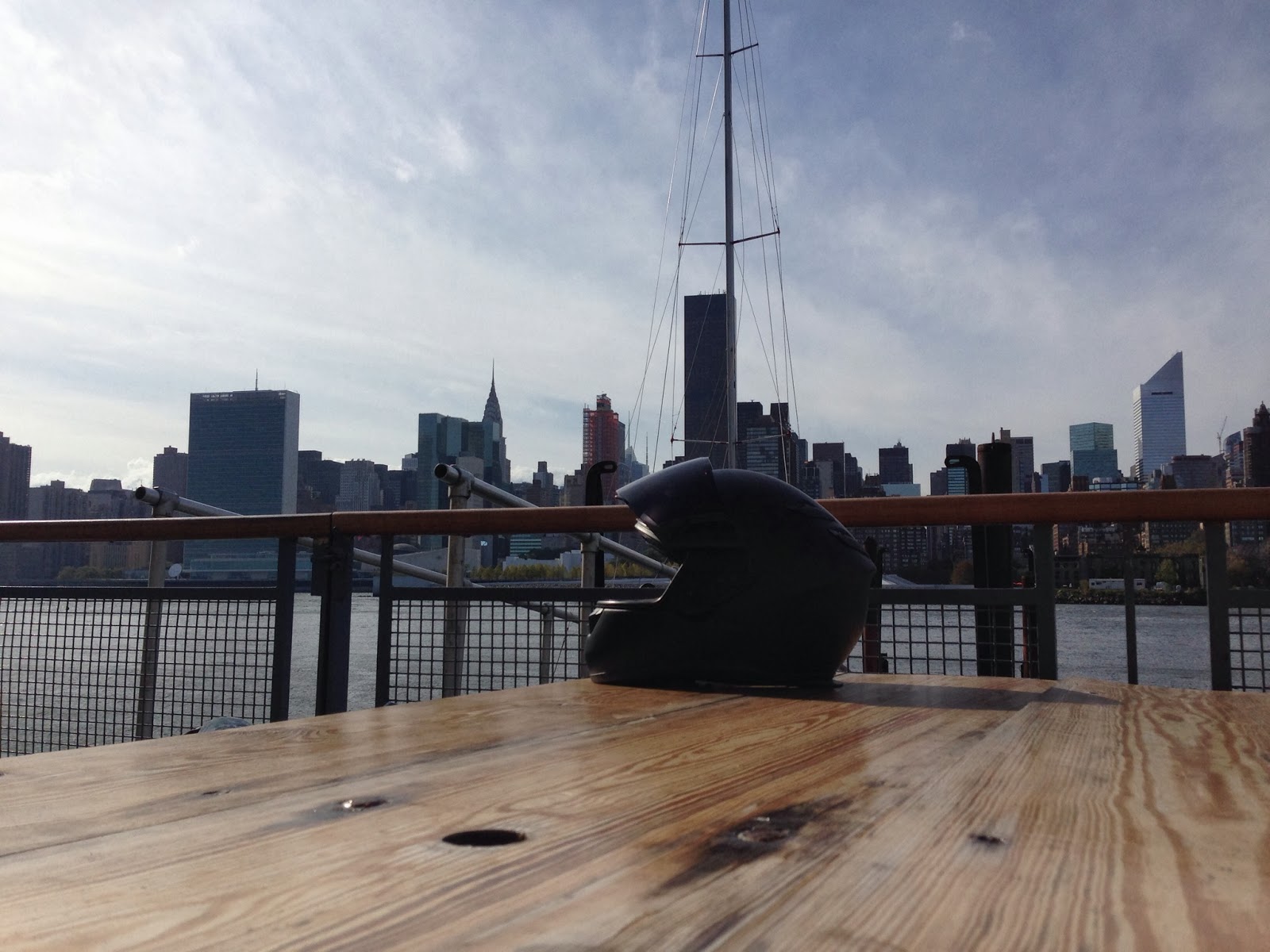 Tigho NYDucati: waterfront industrial park in Long Island City to take a break.   To our amazement, in the corner of the parking lot behind a twenty foot chain-link fence was a waterfront bar called Anabel Basin with incredible views of New York City.