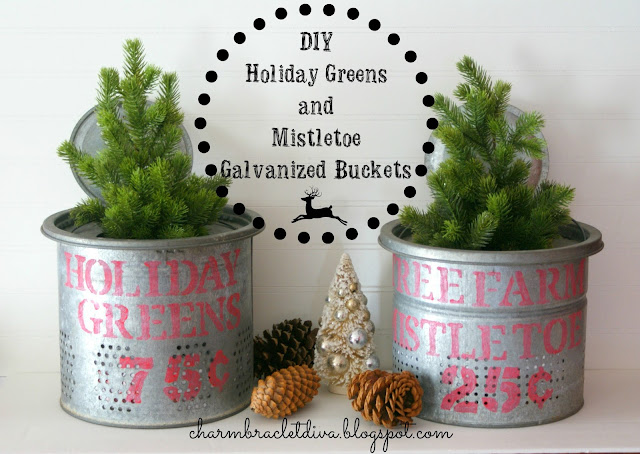 DIY Holiday Greens and Mistletoe Galvanized Stenciled Buckets