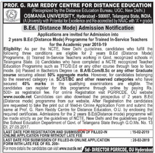 OU Distance Education Bed admission notification 2024