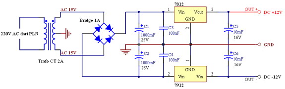 Schematronika Rangkaian 12V power supply simetris LM 7812