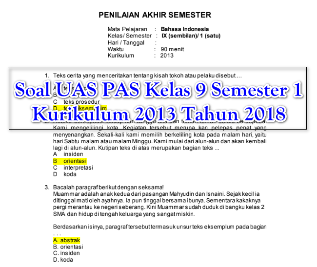 Soal UAS PAS Kelas 9 Semester 1 Kurikulum 2013 Tahun 2018