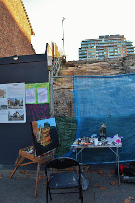 Plein air oil painting of the excavation between Harris and Mount street Pyrmont for the 'New Life' development  painted by industrial heritage artist Jane Bennett