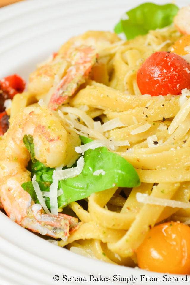 Shrimp Pasta In Walnut Basil Pesto With Roasted Tomaoes is AMAZING! 