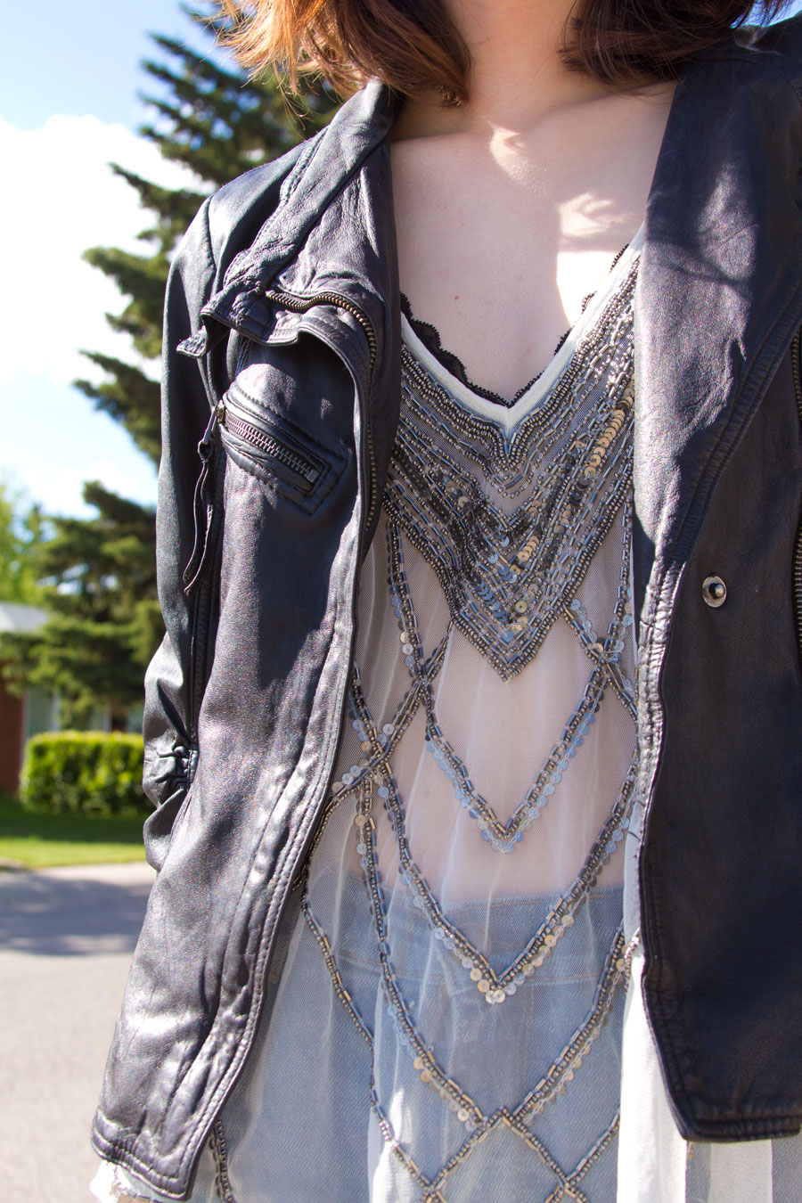 embellished top, sheer top, leather, botkier, danier, urban outfitters, kimchi blue, res denim, cat eye sunglasses