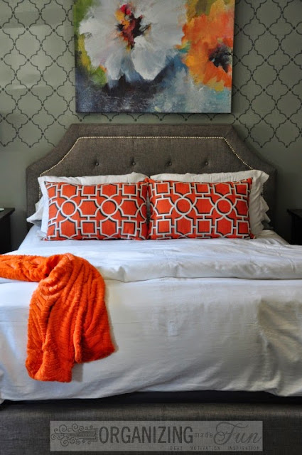 Gray, Orange, and Blue master bedroom :: OrganizingMadeFun.com