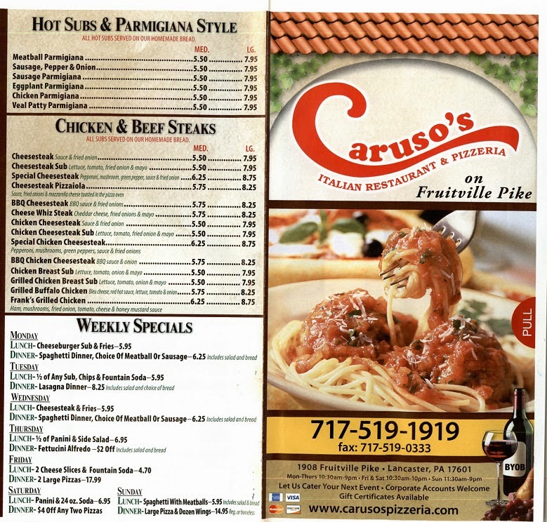 Lancaster/Reading PA Menus Menu Caruso's Restaurant & Pizzeria Fruitville PikeLancaster, PA