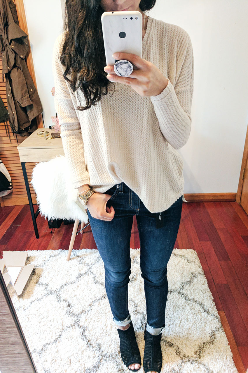 socialite thermal top, rag & bone high waist skinny jeans, lucky brand booties, nordstrom anniversary sale try on