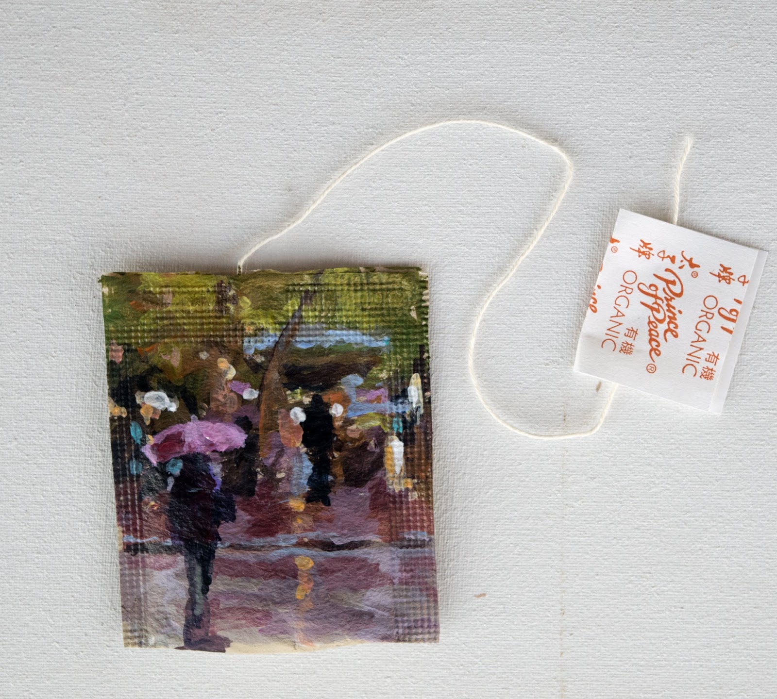 John K. Harrell Fine Art A Rainy Wait Hand Painted Tea Bag Christmas