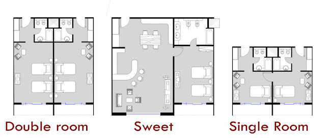 Floor plans of rooms available in the skyscraper apartments