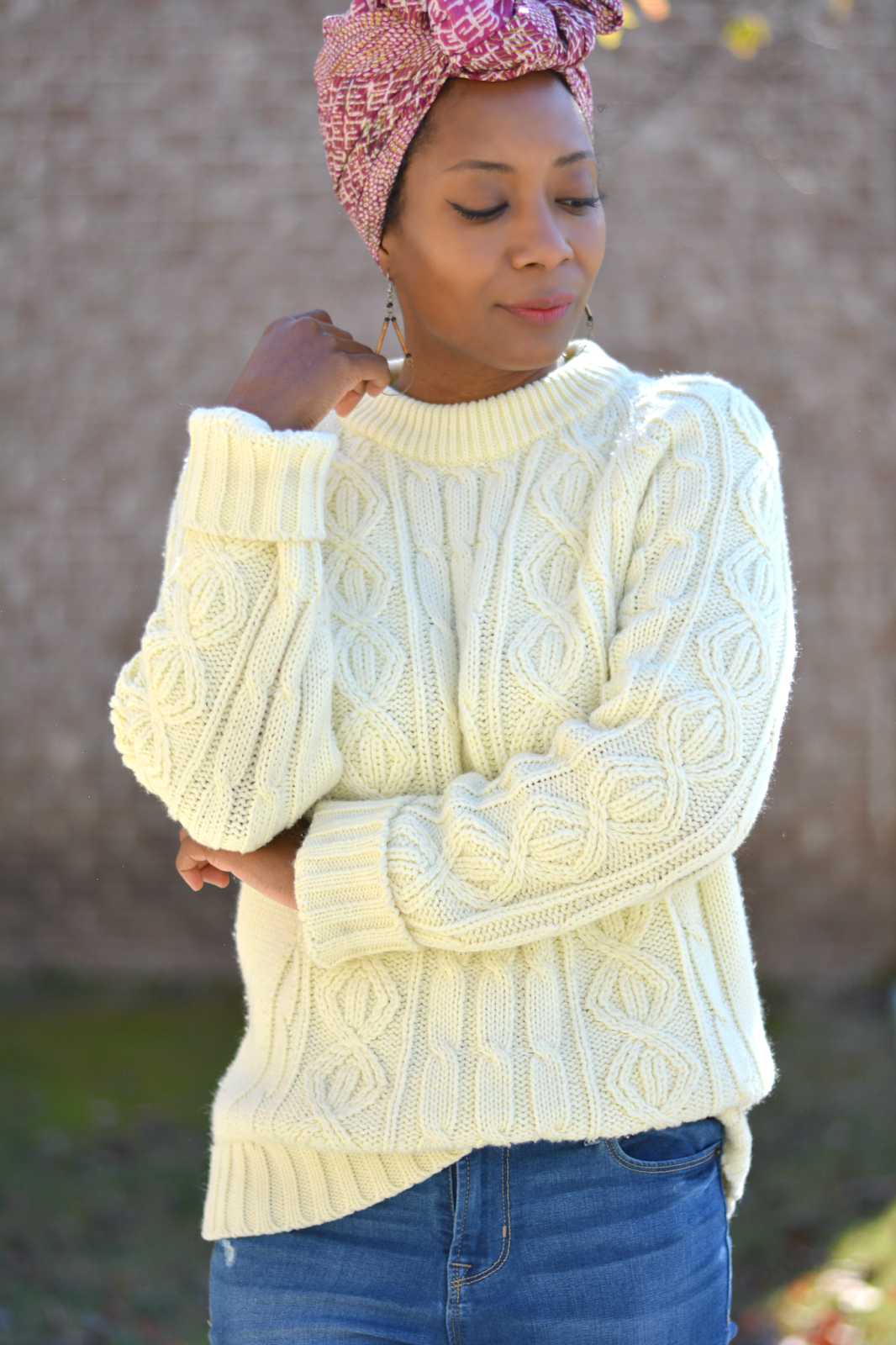 thrift style featuring chunky sweater and ferragamo block heels