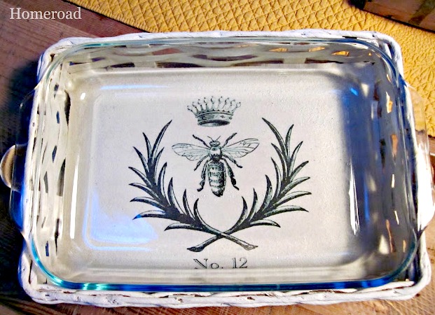 clear casserole dish in basket with image