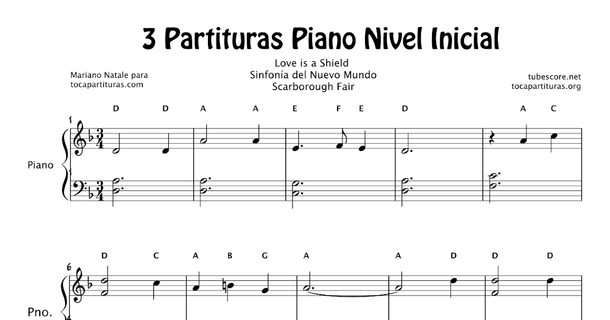 tocapartituras: 3 Partituras de Piano Nivel Inicial Partitura de Sinfonía  del Nuevo Mundo de A. Dvorak, Love is a Shield de Camouflage y Scarborought  Faire Popular - Pianistas Principiantes