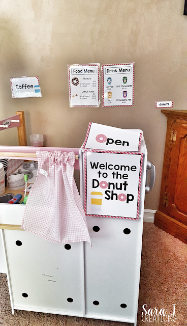Donut and coffee shop dramatic play area is so cute for preschool!