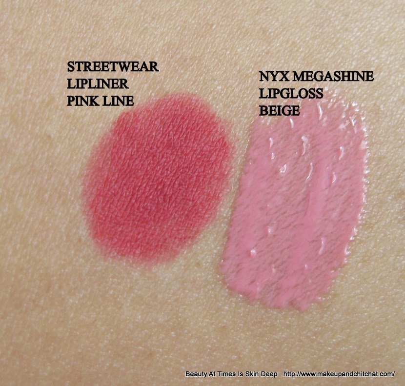 NYX Megashine Lip Gloss Beige and Streetwear Lip Liner Pink Line Swatches