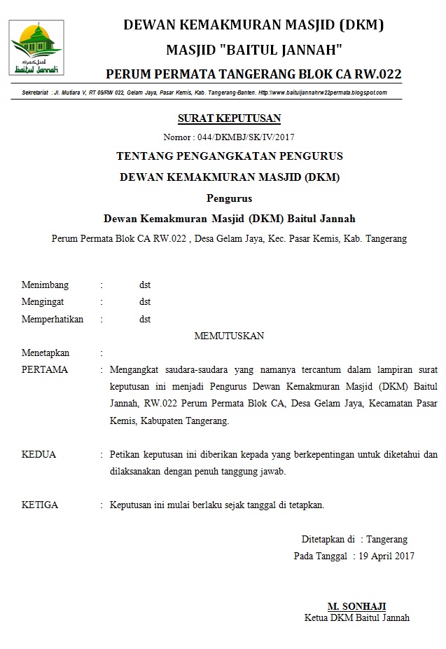 Contoh Surat Pelantikan Imam Masjiddoc