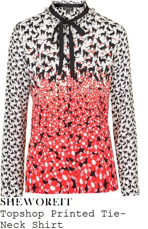 holly-willoughby-topshop-white-black-red-and-pink-cat-and-floral-print-long-sleeve-ruffle-tie-neck-shirt