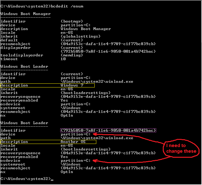 bcdedit changer le disque de démarrage