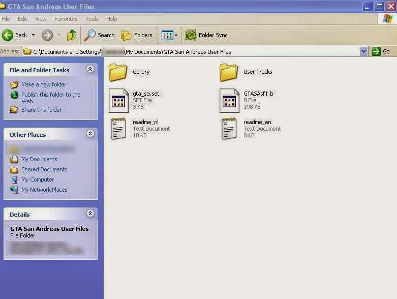 Lokasi folder GTA San Andreas User Files di Windows XP