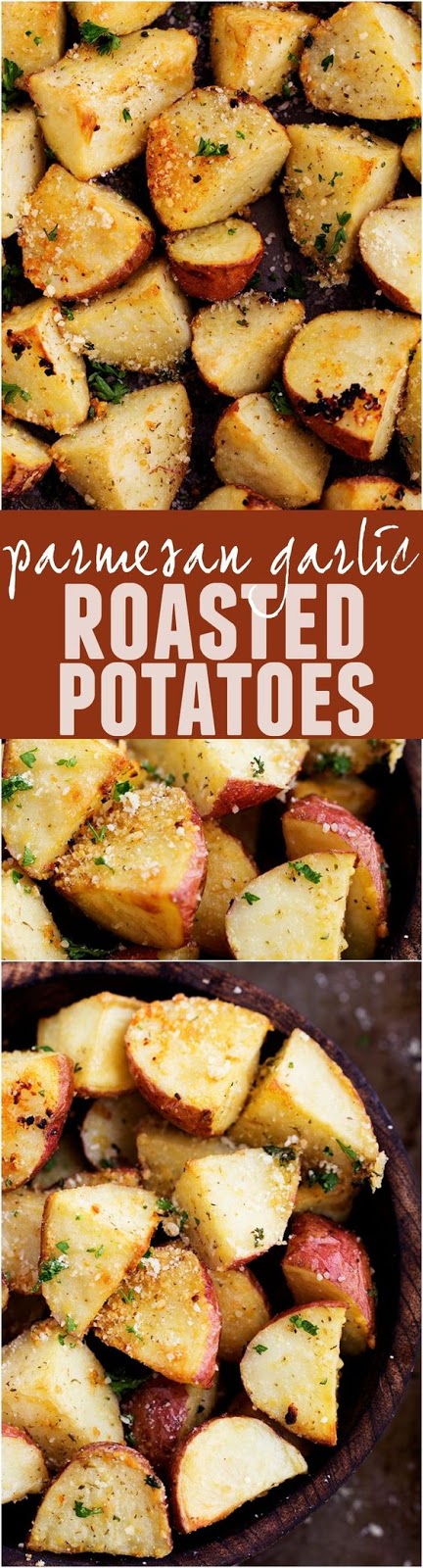 Potatoes that roast in the oven and get a crispy edge and tender center. They have such a great parmesan garlic flavor and will be the perfect side!