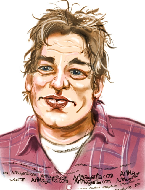 Jamie Oliver caricature cartoon. Portrait drawing by caricaturist Artmagenta