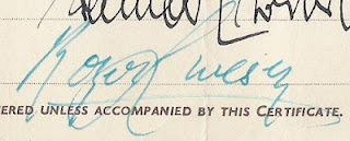 detail from the share certificate showing signature of Roger Livesey