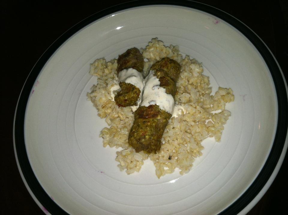 The Kosher Bachelor Lamb kabobs with tzatziki over rice