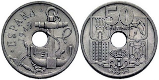 Moneda de 50 céntimos de 1949 con las flechas hacia abajo