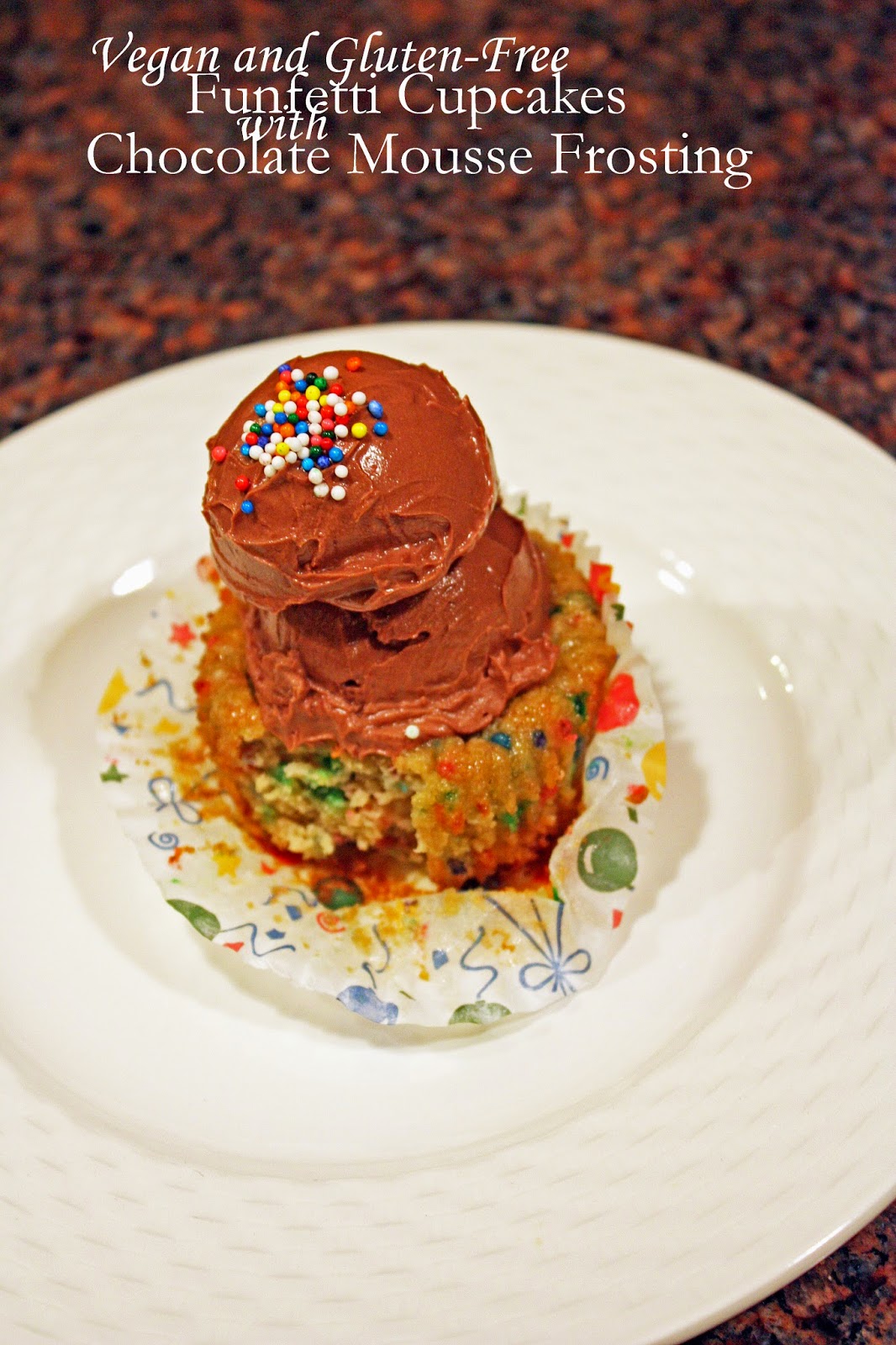 vegan and gluten-free funfetti cupcakes with chocolate mousse frosting