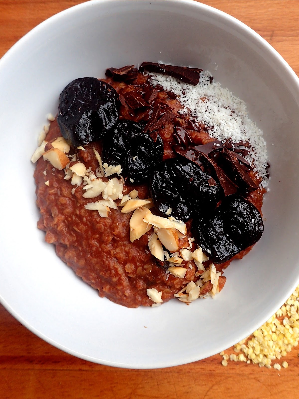 HEALTHY YORKSHIRE Chocolate millet flakes porridge, idea for breakfast.