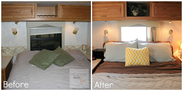 Before and After RV master bedroom with updated fixtures and handles in satin nickel and oil rubbed bronze :: OrganizingMadeFun.com