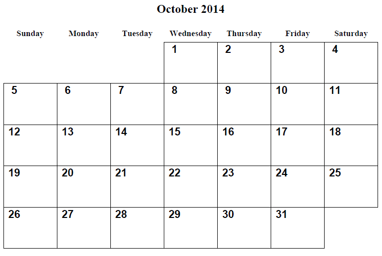 October 2014 Calendar Printable #2 - Printable Calendar 2014, Blank ...