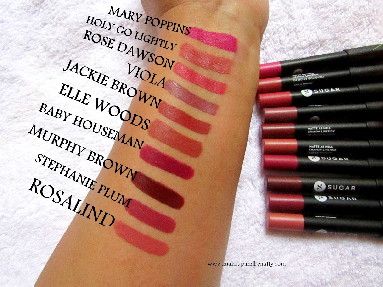 Makeup and beauty !!!: SWATCHES OF SUGAR COSMETICS MATTE AS HELL LIP CRAYON