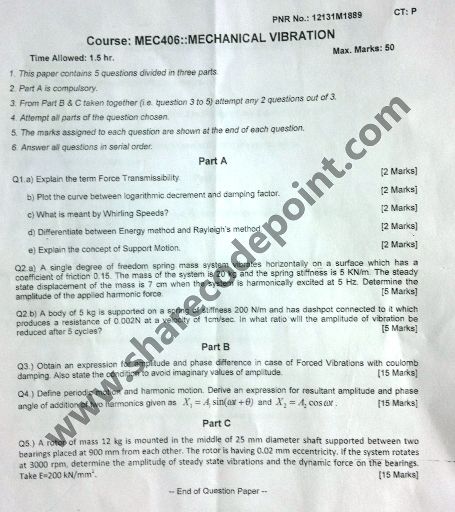 MEC406 Mechanical Vibration Mid Term Exam Question Paper