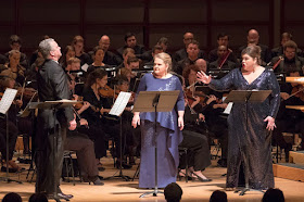 IN PERFORMANCE: (from left to right) tenor CHAD SHELTON as Pollione, mezzo-soprano ELIZABETH DESHONG as Adalgisa, and soprano LEAH CROCETTO as Norma in North Carolina Opera's concert performance of Vincenzo Bellini's NORMA, 21 October 2018 [Photo by Michael Zirkle, © by North Carolina Opera]