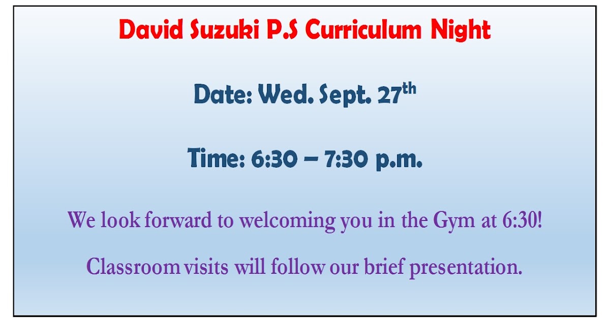 David Suzuki Public School Curriculum Night Save the Date!