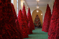 Cranberry Trees at the White House Large Christmas trees completely covered in red cranberries on a green carpet with a traditional Christmas tree in the background. This is in the White House.