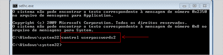 control userpasswords2 para resetar senha do Windows 7