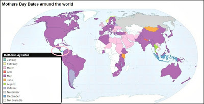 World map of which days Mother's Day is celebrated on. map of mother's days around the world