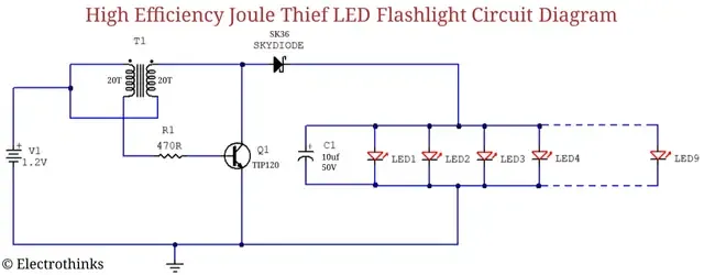 Schematic of High efficiency Joule thief LED flashlight circuit