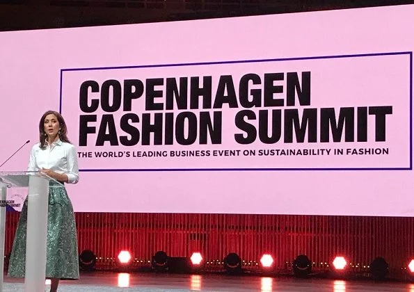 Crown Princess Mary wore H&M Conscious Exclusive. Jacquard-weave skirt, designer Signe Wenneberg at Copenhagen Fashion Summit 2018