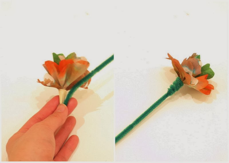 Wrap pipe cleaner around to create a stem for coffee filter flowers