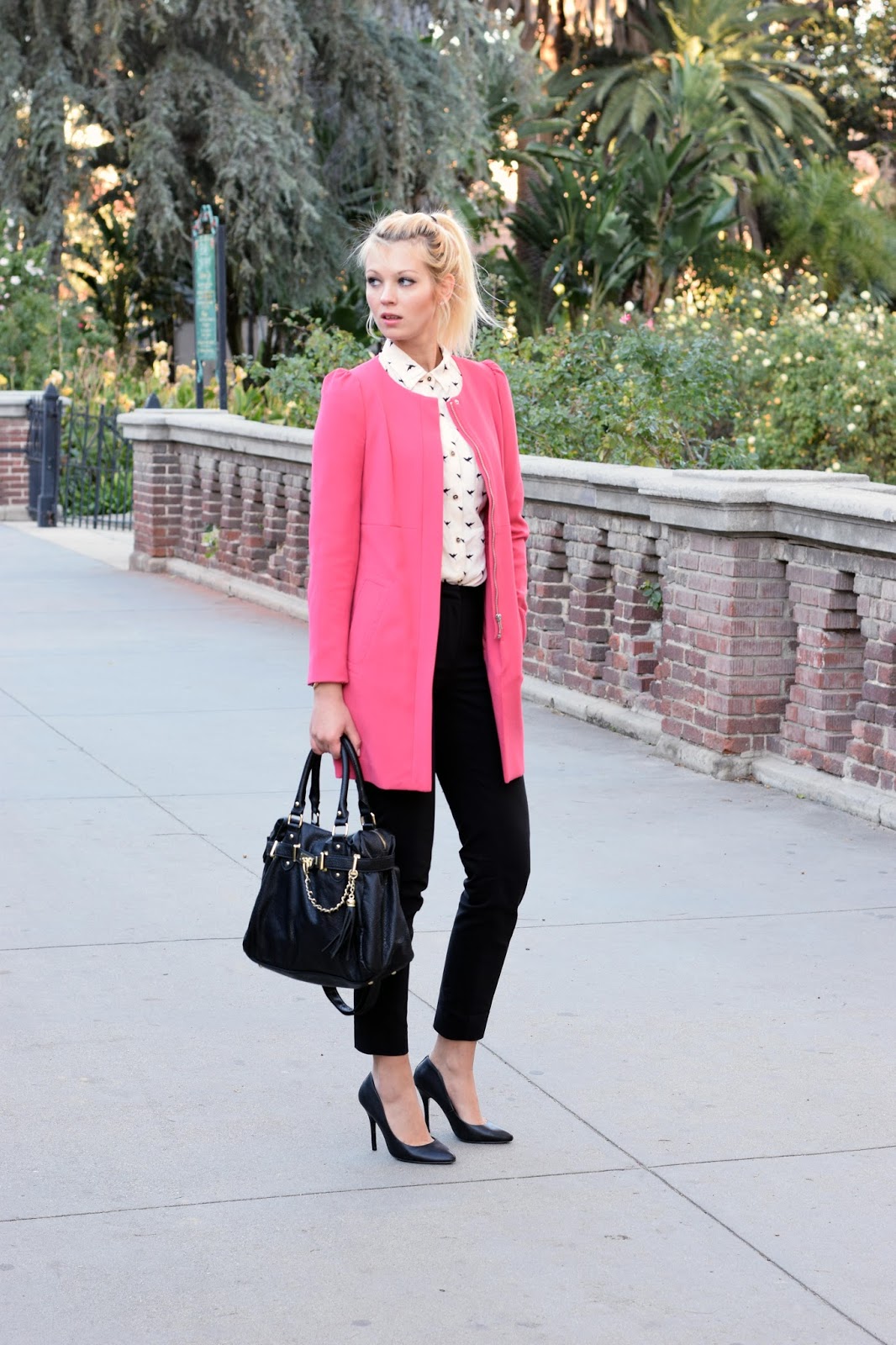 Pink coat, H&M coat, office attire, office, slim fit pants, bird shirt, classy, elegant, work
