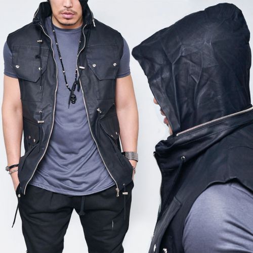 Mens Coating Leather Multi Pocket Hood VestVest 95 by guylook Fast Fashion Mens Clothes