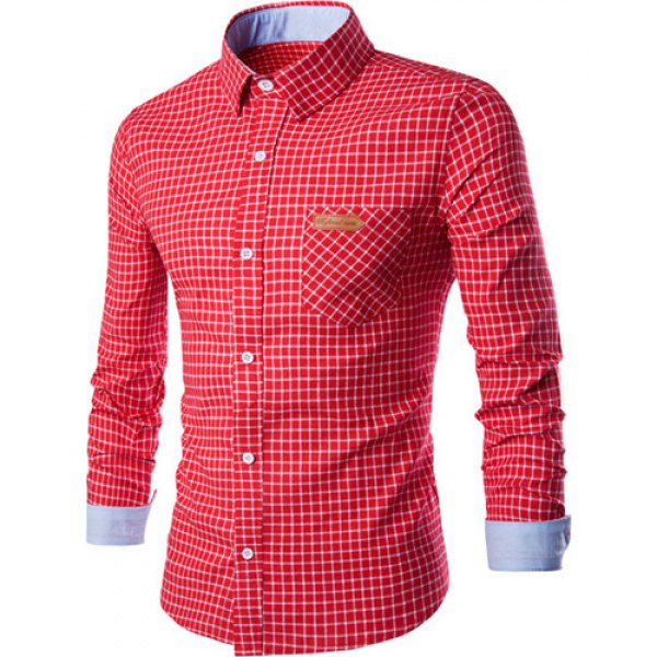 PU Leather Spliced One Pocket Hit Color Shirt Collar Long Sleeves Men's Checked Shirt