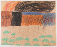 A child's illustration showing a crowd in front of a line of buildings on fire.