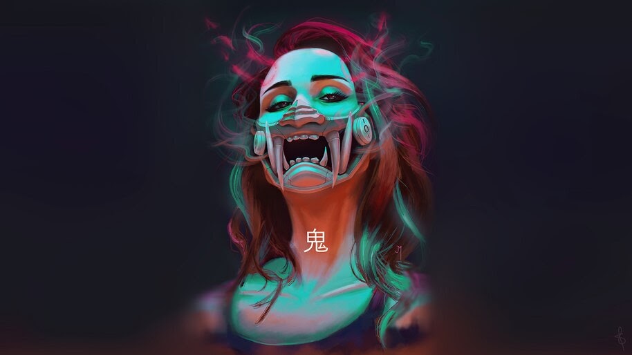 Cyberpunk, Girl, Futuristic, Oni Mask, 4K, #4.3076
