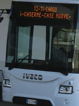 shuttle between Milan Malpensa Airport terminals T1 and T2 showing intermediate stops on the bus display 