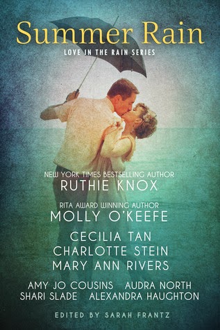 Cover description: blue background, a man and a woman kiss under an umbrella he is holding. 
